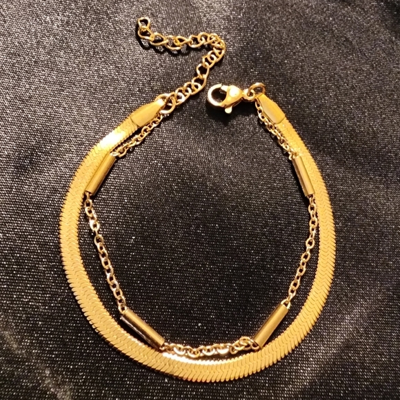 Slide Jewelry Stainless Double Layer Gold Herringbone & Link Bracelet. NIB - Picture 4 of 9